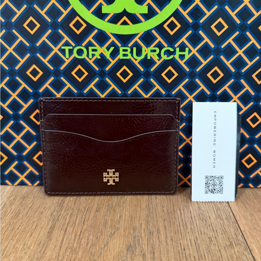 Tory Burch Emerson Crinkle Slim Card Case Agnello Gold Burgendy Wine